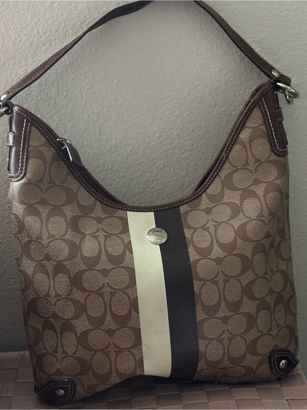 Coach Brown Signature Canvas Hobo with Cream and Dark Brown Stripe
